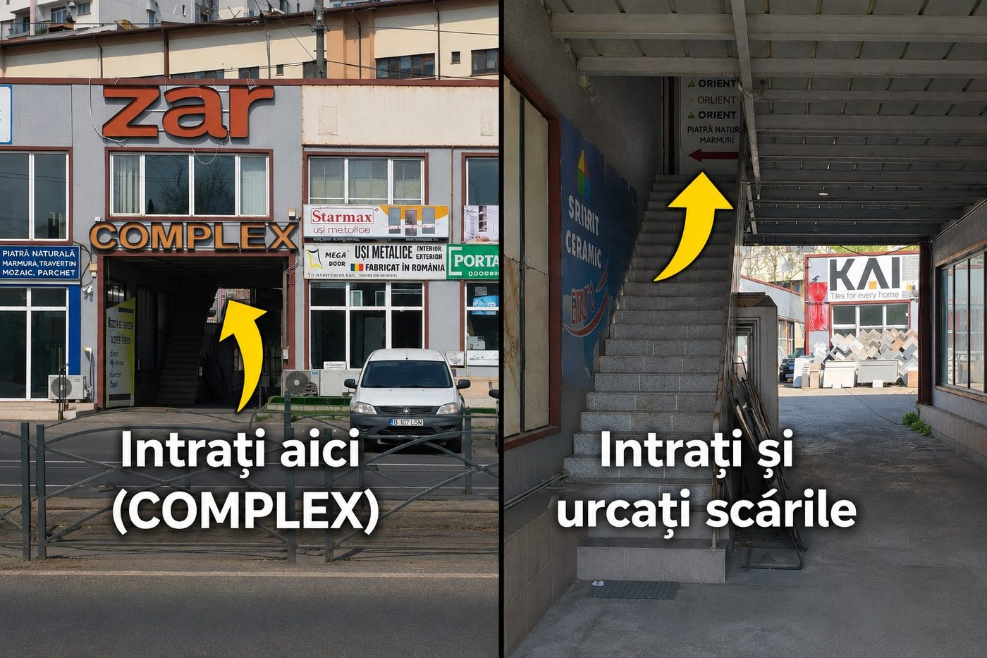Contact ProSwing - Intrarea în Complexul Zar de pe Șoseaua Mihai Bravu și scările spre scoala de dans ProSwing — indicații vizuale de acces